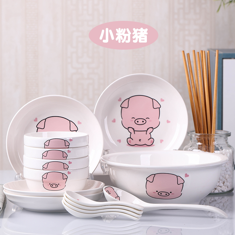 中式可爱卡通陶瓷18件套装家用 高颜值餐吃饭碗盘子勺子筷子面碗
