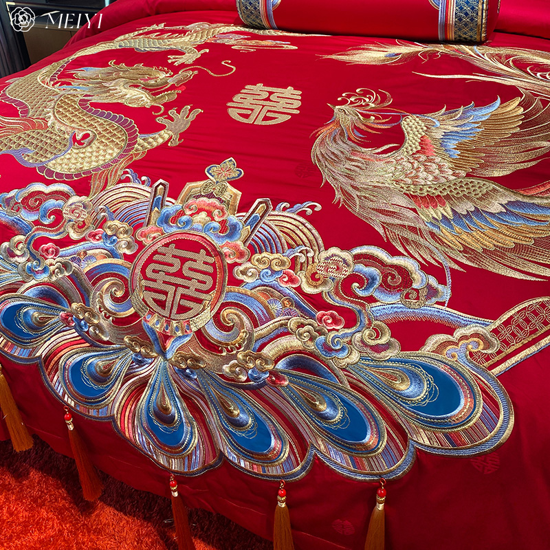 大红色中式龙凤喜被结婚四件套纯棉100S长绒棉婚庆高级感床上用品