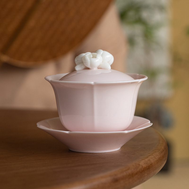 三才盖碗茶杯 功夫茶具家用陶瓷大号 带盖粉色女士茶碗套装