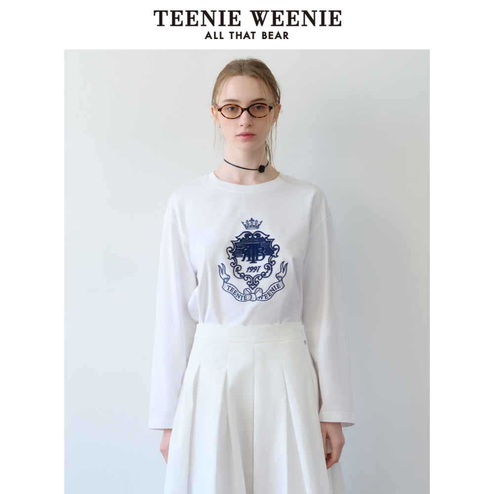TeenieWeenie小熊女装2024春装新款宽松圆领刺绣长袖T恤白色上衣