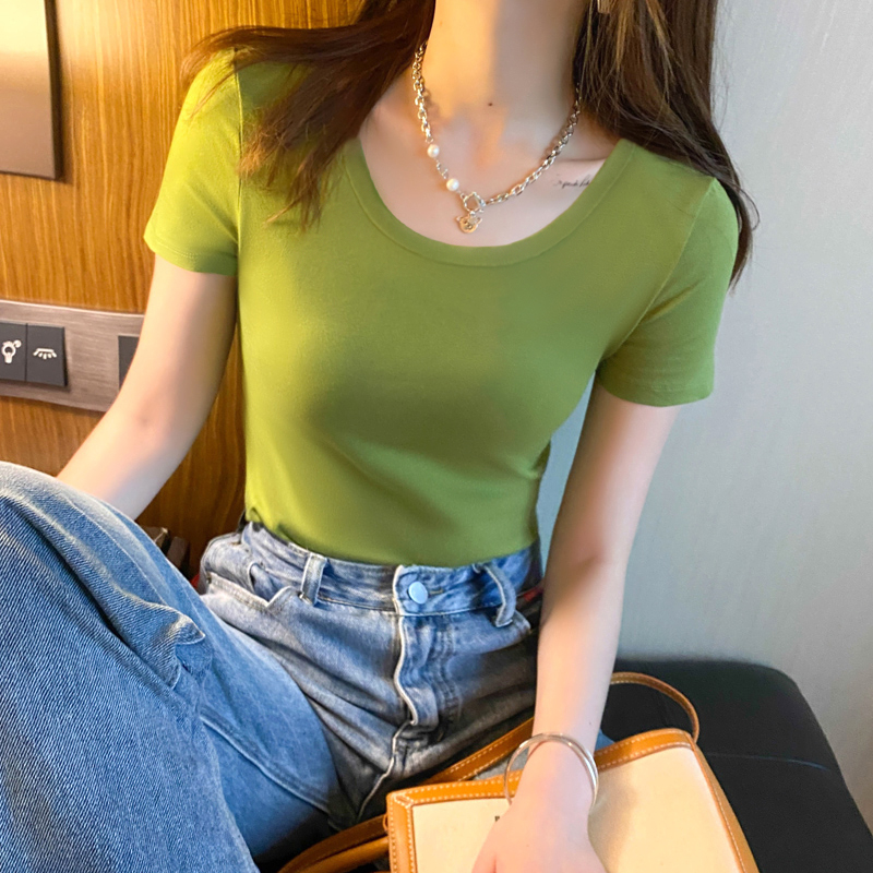 夏季牛油果绿t恤女短袖圆领纯棉内搭上衣修身纯色打底衫半袖正肩