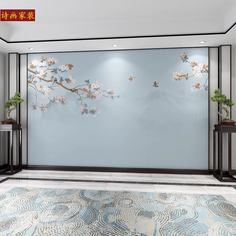 电视背景墙壁纸新中式花开富贵立体画现代简素雅客厅花鸟壁画壁布