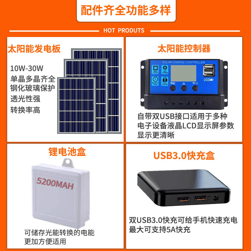 太阳能手机充电器usb充电宝5V12伏蓄电池照明光伏板发电小型家用