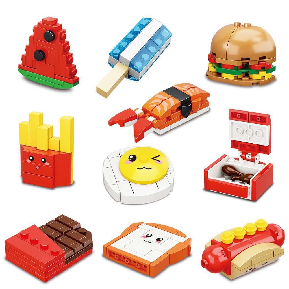 卡通食物可爱汉堡兼容乐高小颗粒积木儿童摆摊快餐益智小玩具