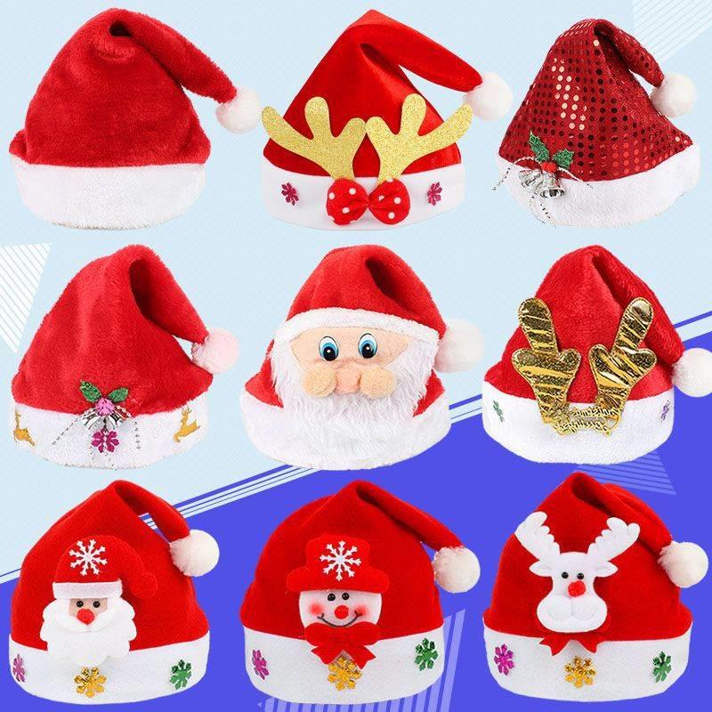 圣诞帽子一个装圣诞节装饰用品帽大红无纺布老人成人儿童头饰发光