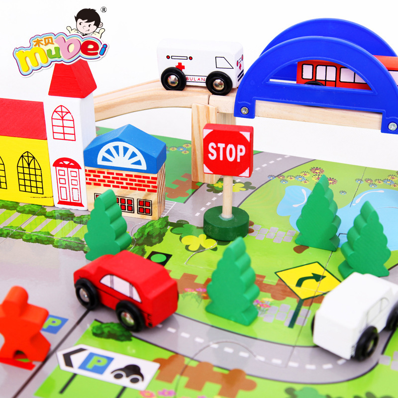 40片城市轨道交通场景组合立交桥轨道车儿童益智木制玩具轨道拆装
