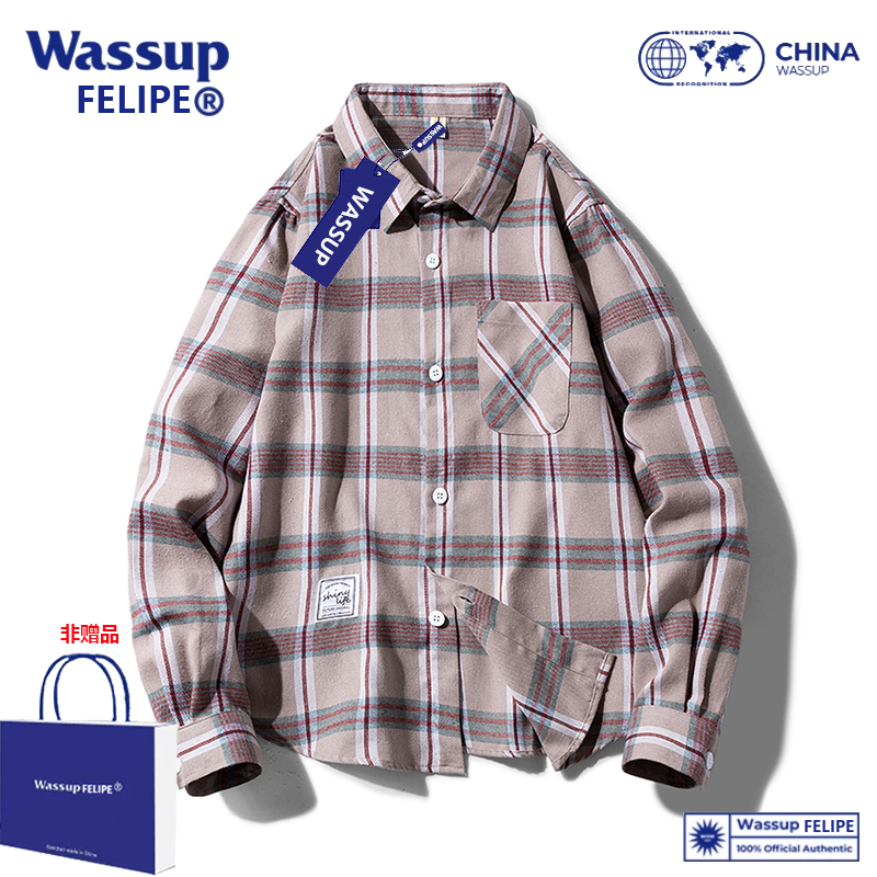 WASSUP FELIPS2023年新款复古格纹男女衬衫重磅水洗休闲外套豆