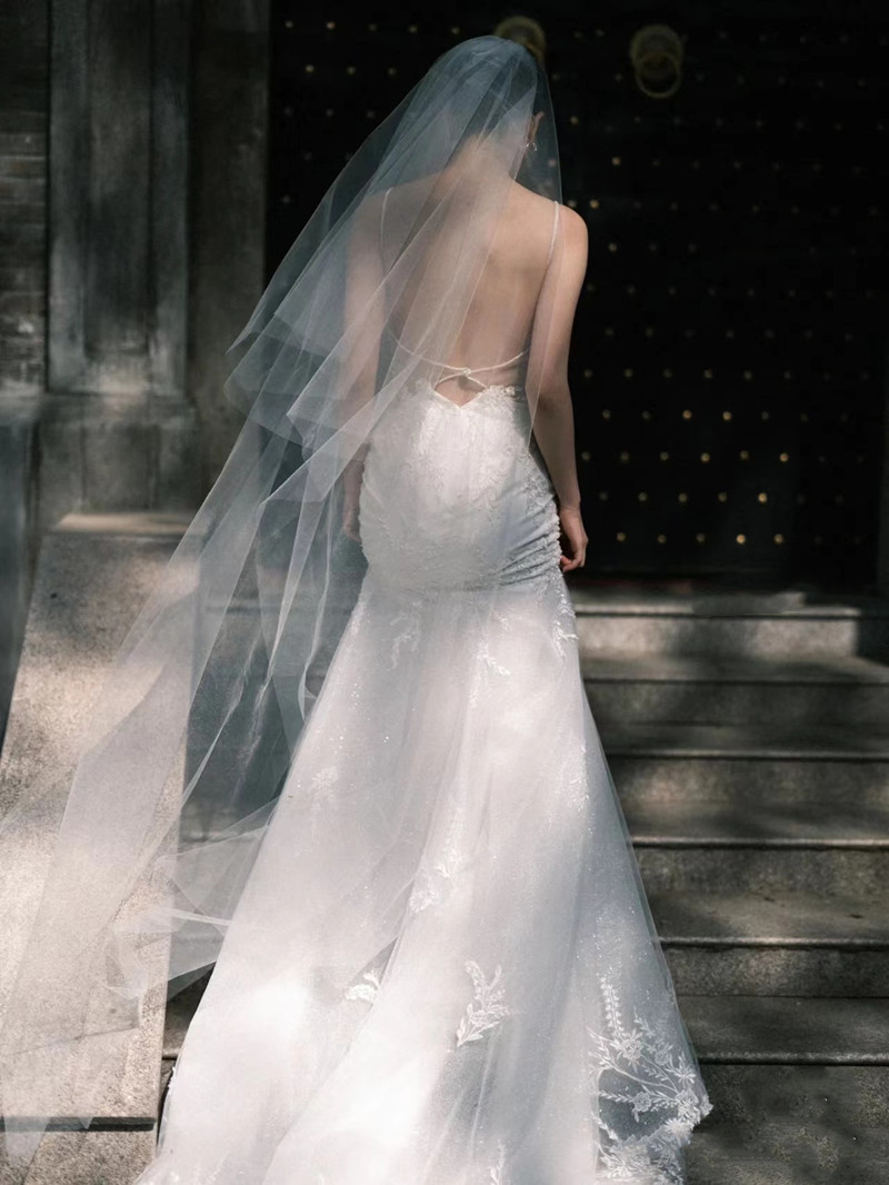 超高清透明水晶纱双层中长款新娘结婚拍照写真婚纱摄影样片造型纱