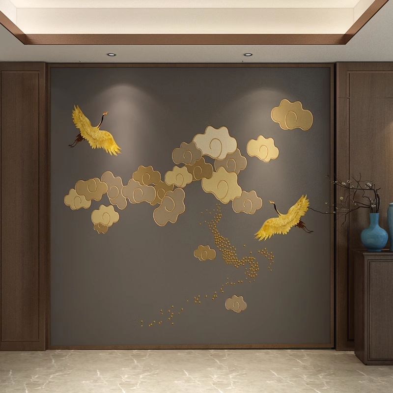 新中式壁布金色禅意祥云仙鹤背景墙壁纸卧室客厅沙发书房墙纸壁画