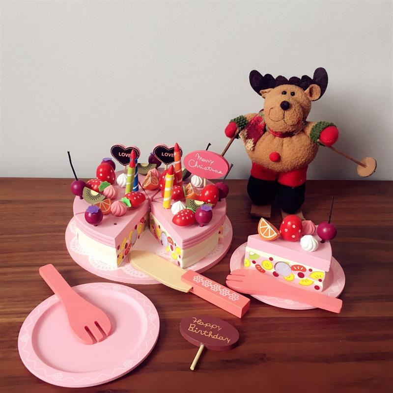 木制宝宝益智角色扮演玩具草莓双层蛋糕儿童过家家生日蛋糕切切看