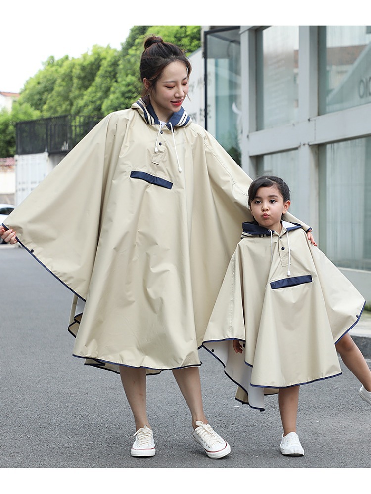 日韩系亲子斗篷雨衣时尚骑行雨披小学生书包位初高中男女儿童布料