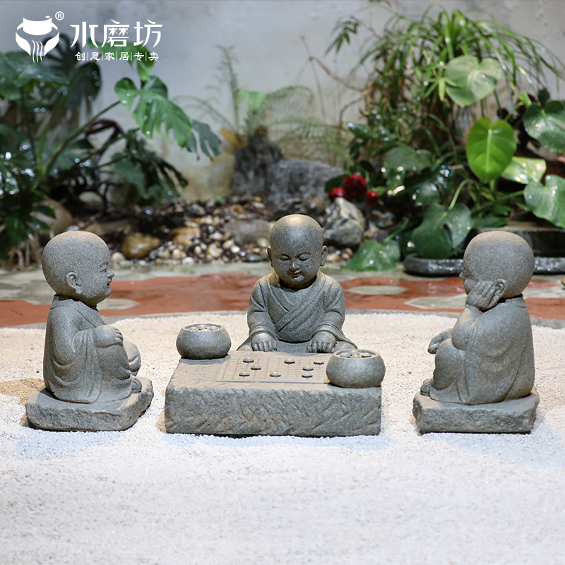 .中式禅意空间下棋对弈沙弥装饰户外园林景观布置庭院花园造景摆