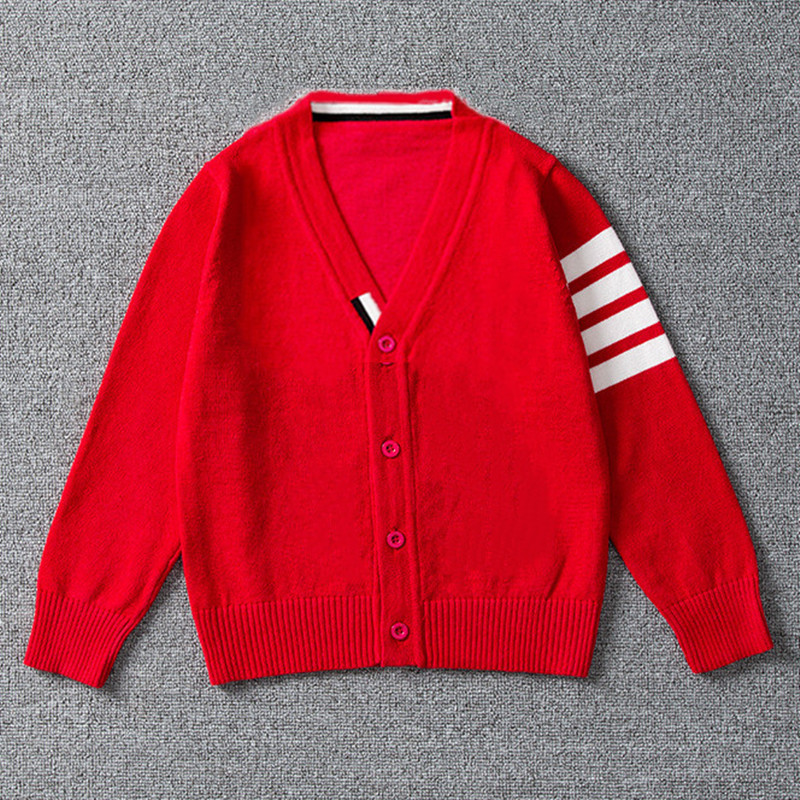 韩版新款男童红色毛衣纯棉v领开衫宝宝亲子大童学生外套生日周岁
