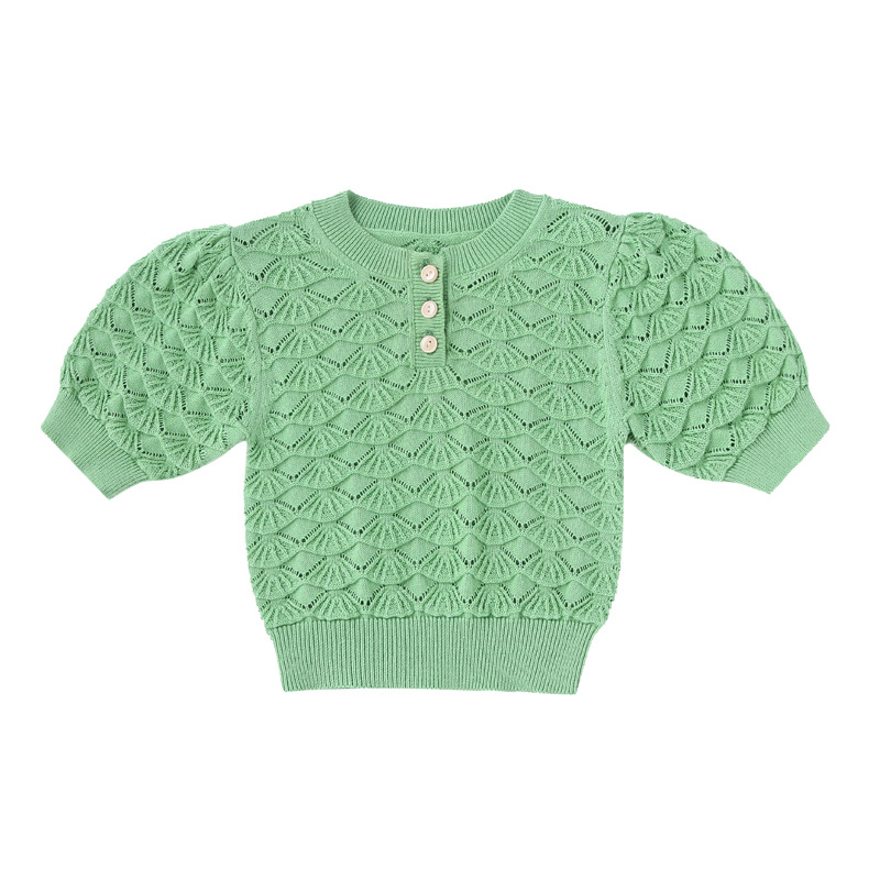 韩国ins童装女童纯棉镂空灯笼袖针织衫薄款宝宝短袖上衣洋气时髦