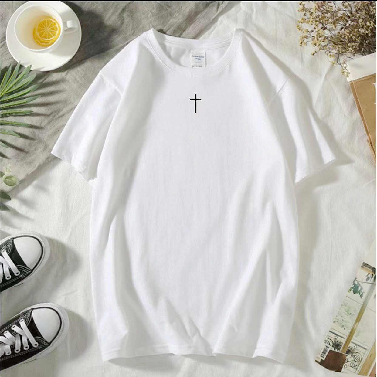 夏季t恤流行短袖纯棉白色印花小十字架纯色圆领体恤团体班服定制