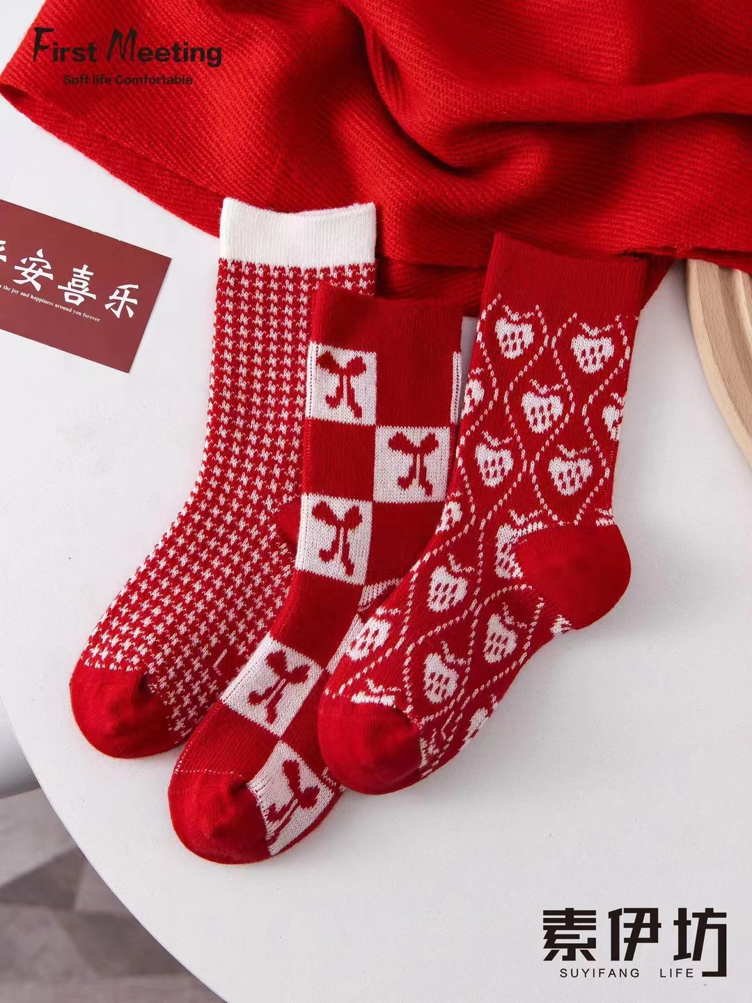 双针双路精梳棉儿童红色年袜纯棉高筒童袜红色新年加厚保暖棉袜子