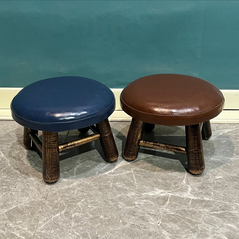 简约现代圆凳子原纯实木儿童家用客厅宝宝椅可爱软面皮革矮小板凳