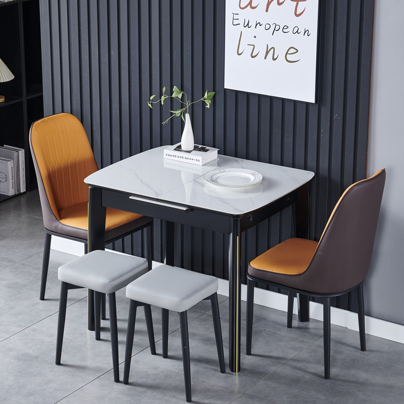 折叠长方形餐桌轻奢家用小亮可伸缩岩板餐桌光户型组合椅现代简约