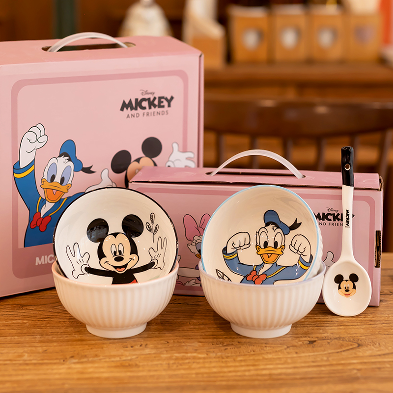迪士尼儿童陶瓷碗2023新款4.5英寸卡通可爱宝宝家用米饭碗带勺子
