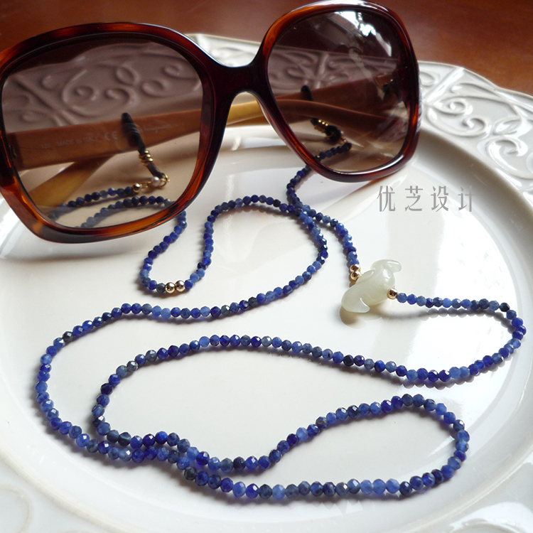 原创纯天然蓝宝石和田白玉菱角如意眼镜链高级时尚古典优芝设计