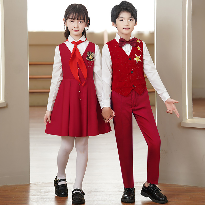 六一儿童男合唱服演服中kwj-1121小学生校服出表红演服装女童歌朗