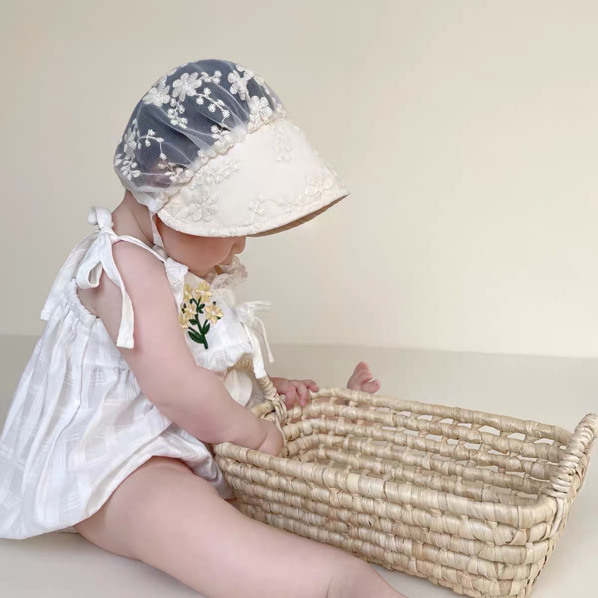 婴儿夏季蕾丝遮阳帽子春秋薄款可爱女宝宝公主风大帽檐防晒太阳帽