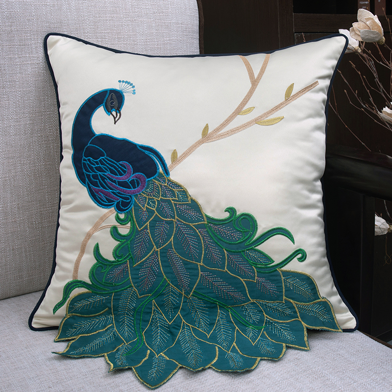 新中式抱枕孔雀刺绣图案沙发客厅靠枕床上靠垫套腰枕套中国风含芯
