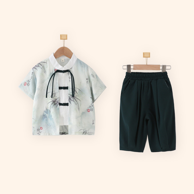 儿童汉服男童短袖套装夏季中国风新中式六一幼儿园演出服装薄款棉