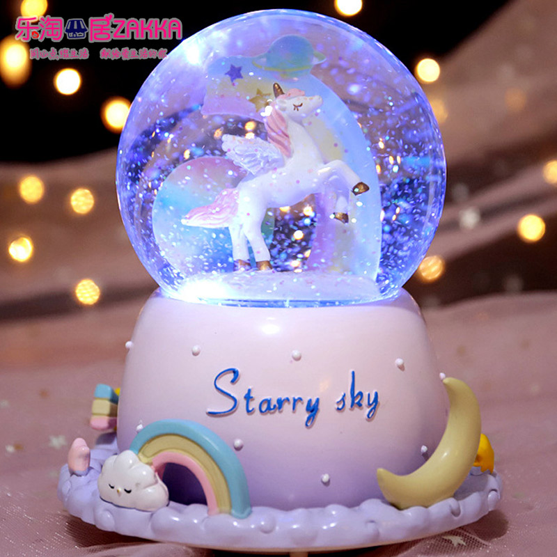 独角兽水晶球音乐盒发光透明圆球梦幻女生旋转八音盒儿童生日礼物