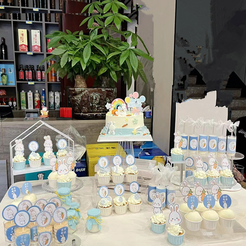小兔子蓝色甜品台蛋糕装饰插牌兔宝宝满月百天周岁生日推推乐贴纸