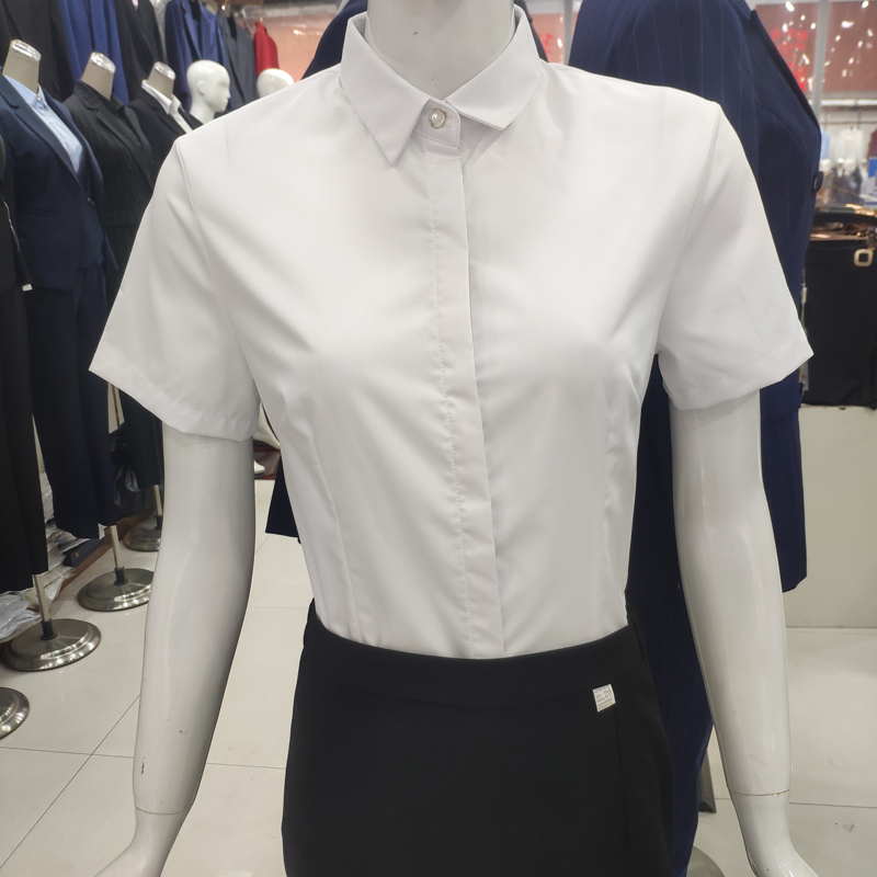 女士白衬衫长袖修身免烫竹纤维上班短袖职业装正装工作服蓝色衬衣