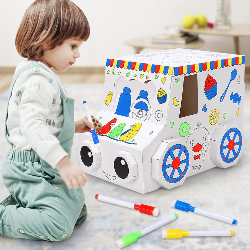 儿童创意diy立体水彩涂鸦拼装拼图糖果车可涂擦益智亲子互动玩具
