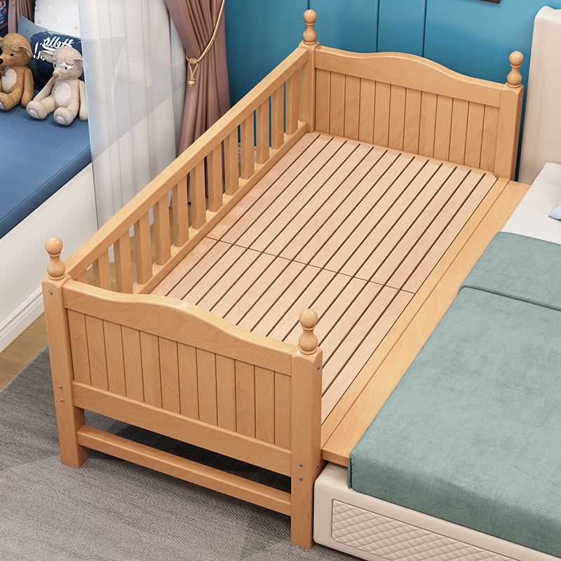 榉木儿童床拼接大床带护栏床边加宽单人床宝宝婴R儿床男孩实木小