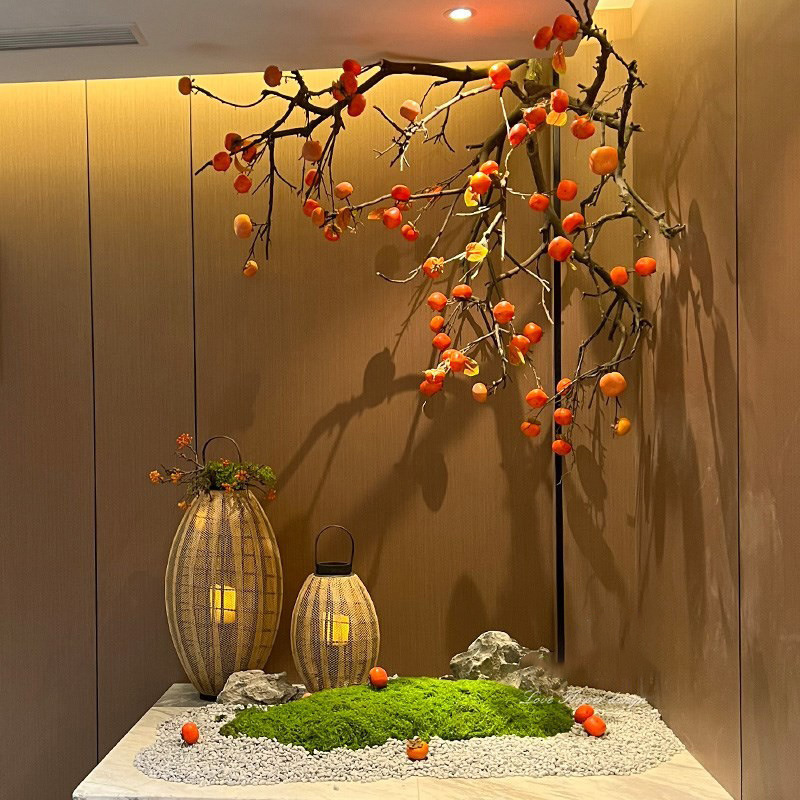 仿真柿子果树水果假树吊挂装饰会所植物造景室内布置侧挂壁挂软装