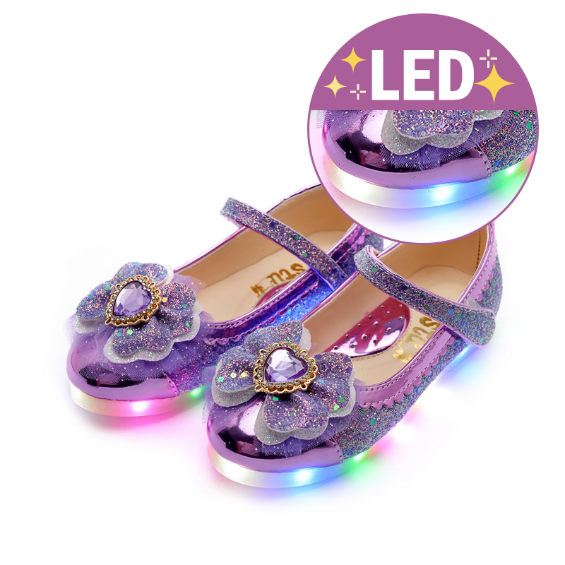 公主女童鞋LED闪灯发光鞋儿童春秋橡胶防滑鞋子2023新款水钻皮鞋