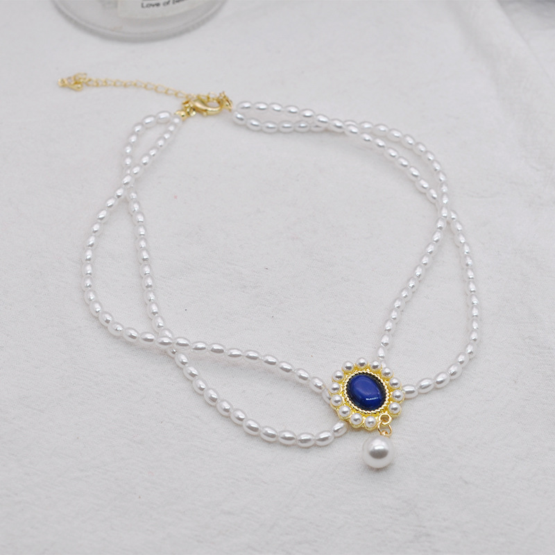 气质韩版重工水时尚珍珠双层项链颈链手工个性滴蓝宝石