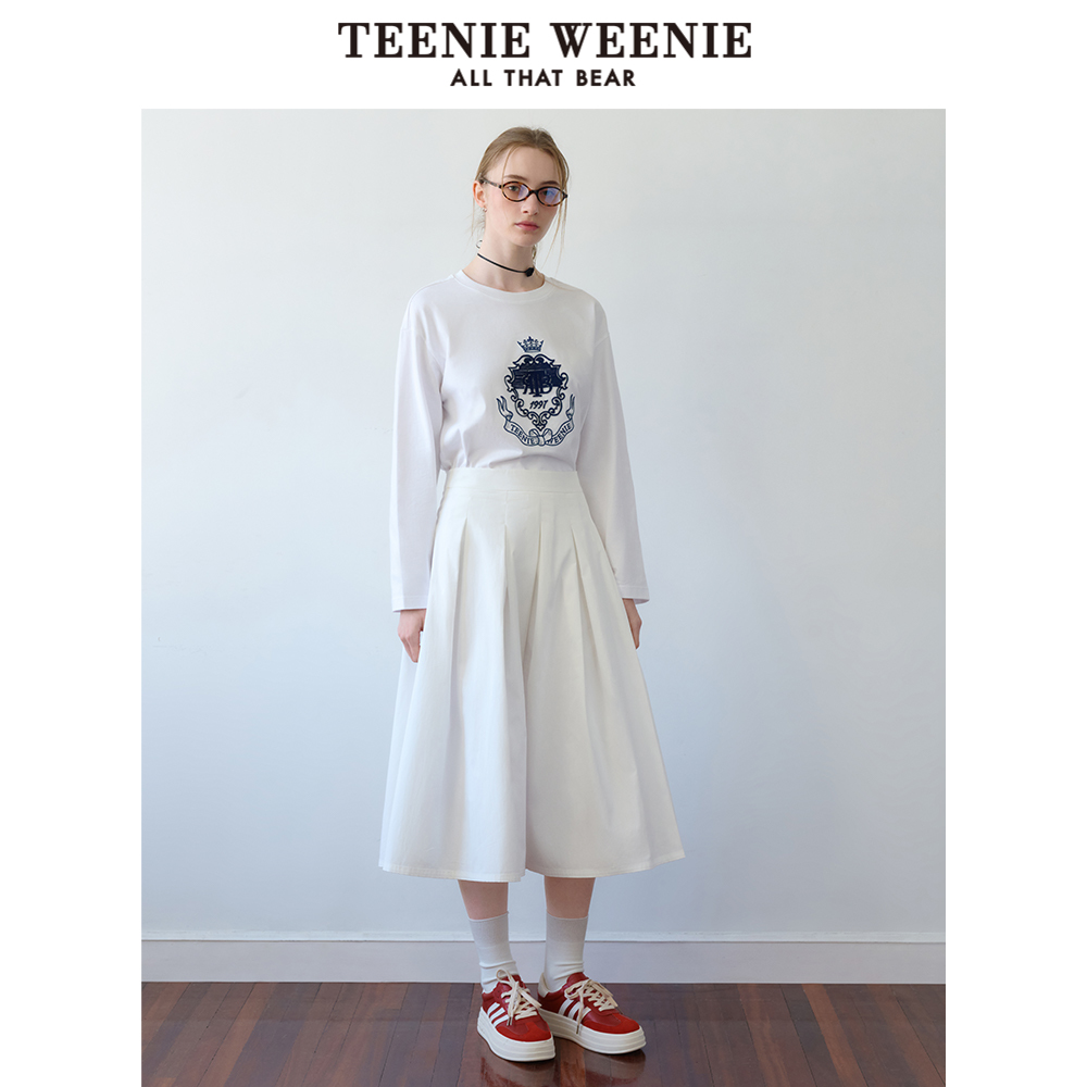 TeenieWeenie小熊女装2024春装新款宽松圆领刺绣长袖T恤白色上衣