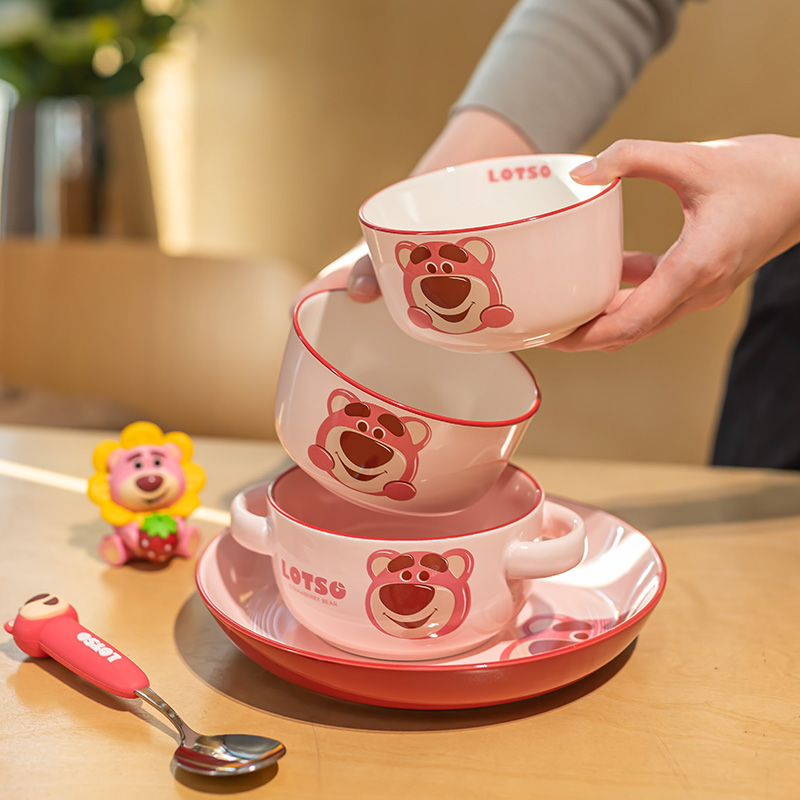 草莓熊卡通陶瓷餐具可爱儿童不锈钢叉勺调羹一人食米饭碗面碗盘子