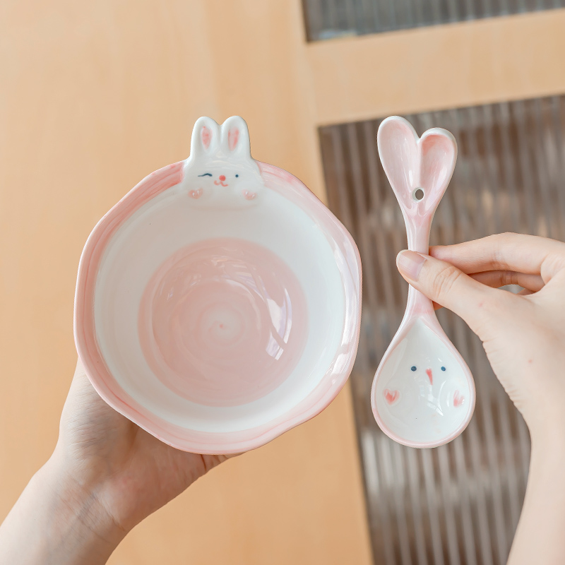 卡通兔子陶瓷吃米饭碗儿童可爱家用釉下彩餐具5英寸女生甜品小碗