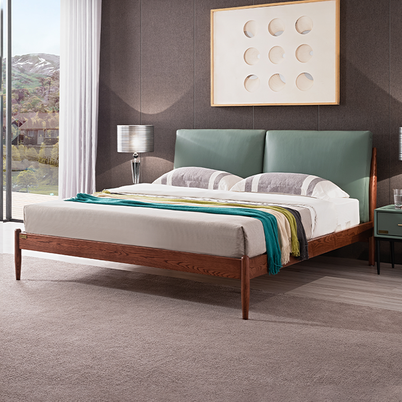 大自然实木床现代简约主卧室1.8米双人大床真皮质床架家具新床B68