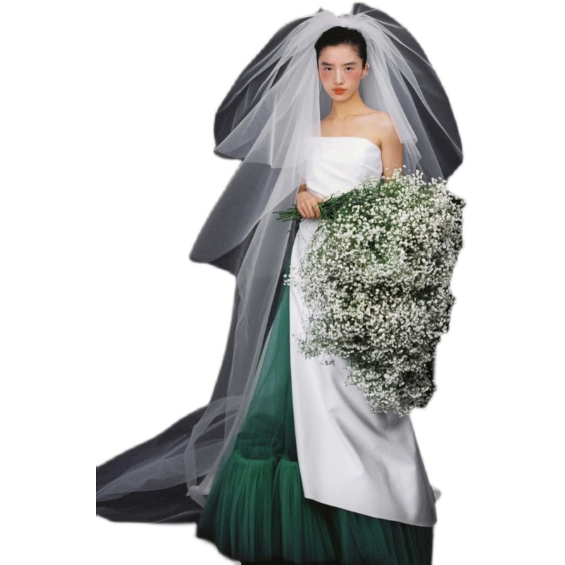蓬蓬长款抓泡新版型硬纱凹造型拖尾头纱韩式婚纱摄影道具旅拍头纱