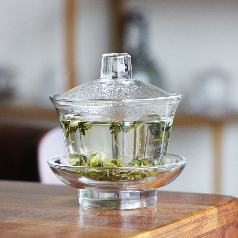 玻璃盖碗泡茶杯茶具透明三才防烫厚耐热高硼硅公杯大号套装120ml