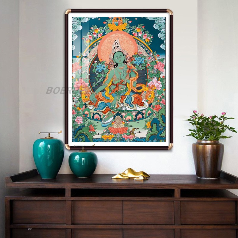绿度母唐卡藏族热贡手绘复制客厅办公室女性守护菩萨装饰挂画带框