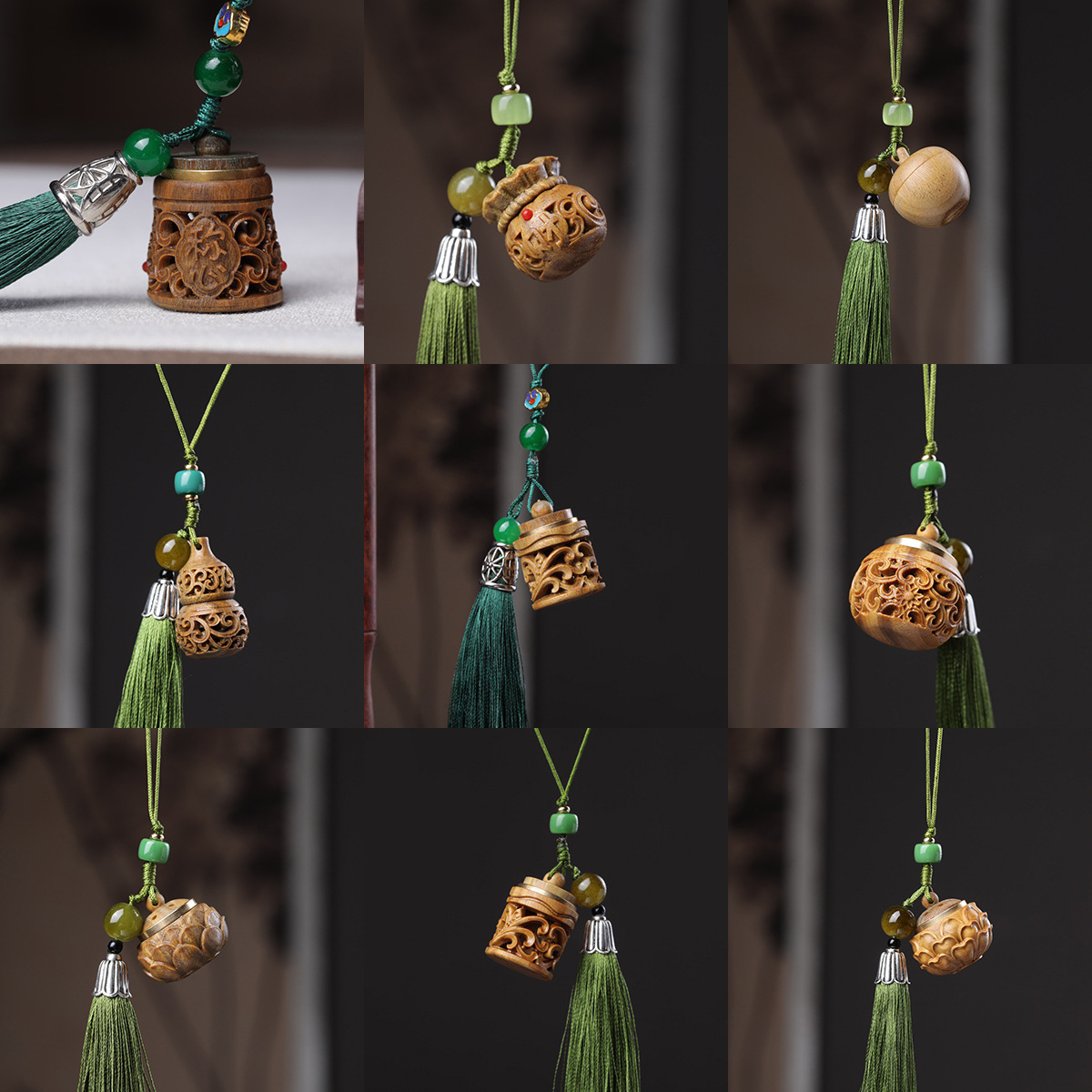绿檀木镂空雕刻香囊球扩香器手机吊坠钥匙扣情侣背包车载香氛挂件
