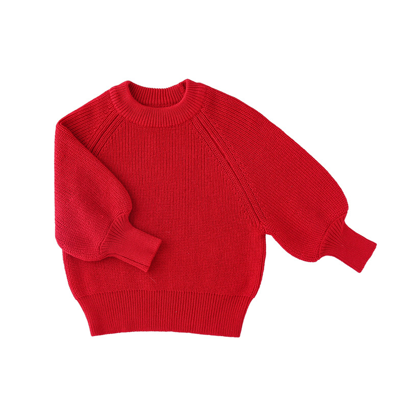 韩国ins童装女童时尚蝙蝠袖红色羊毛混纺毛衣周岁宝宝针织衫套装