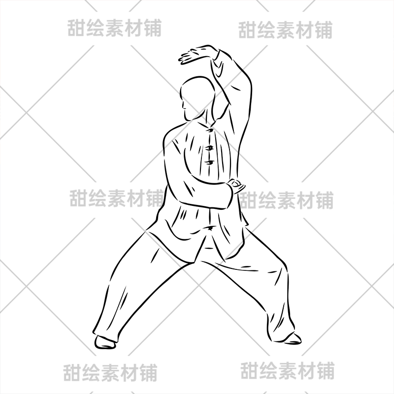 手绘线描中国功夫武术功气太极拳练习男女人物插画AI矢量设计素材