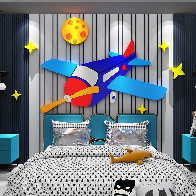 儿童房间布置卧室墙面装饰男孩床头背景墙卡S通飞机月球贴纸画
