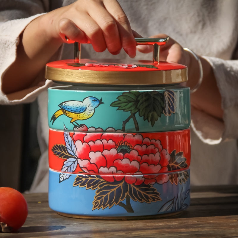 新中式陶瓷收纳盒多层客厅干果糖果盒零食高颜值储物罐高级感摆件