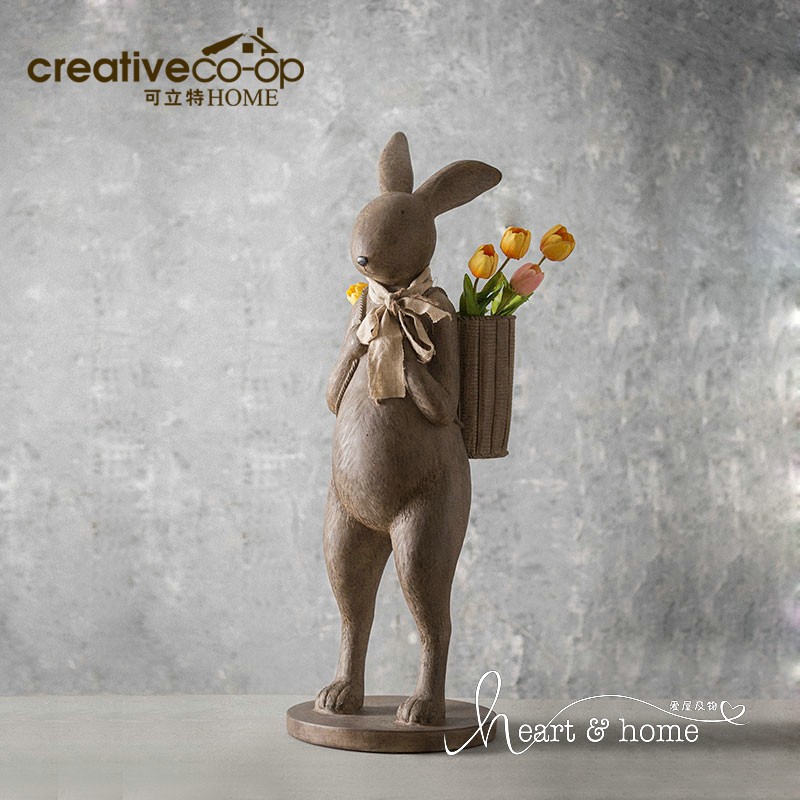 可立特美式树脂小兔子大背篓摆饰个性桌面摆件花园装饰花器收纳篮