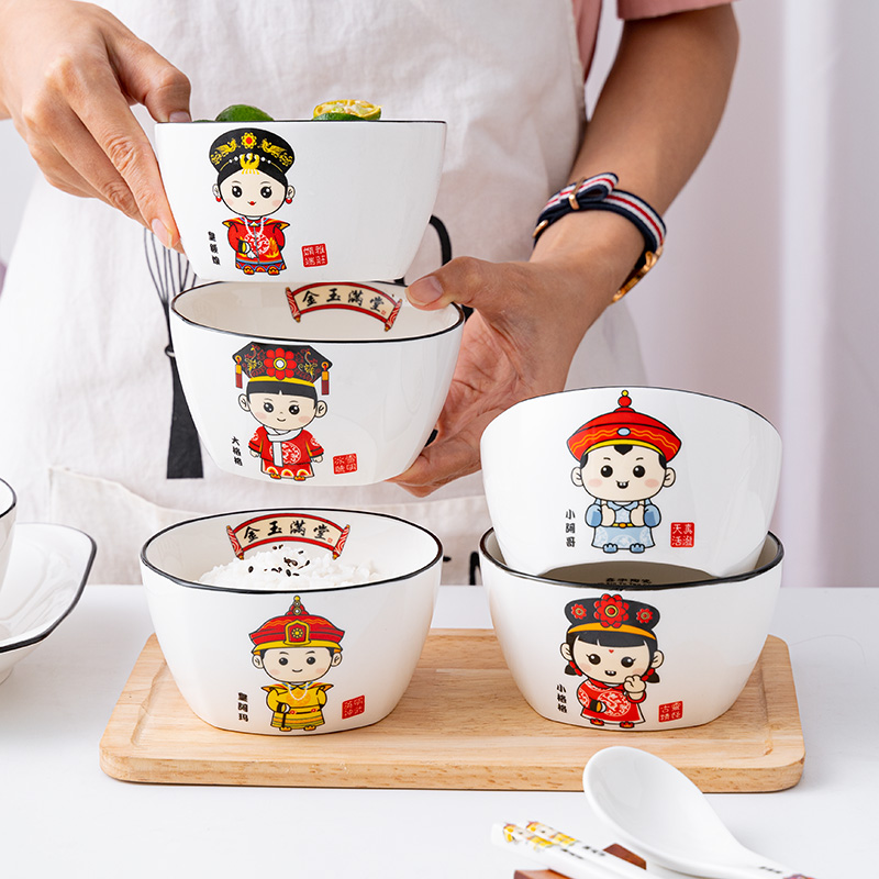 复古陶瓷碗亲子儿童家庭专属饭碗餐具创意卡通可爱区分单人一家人